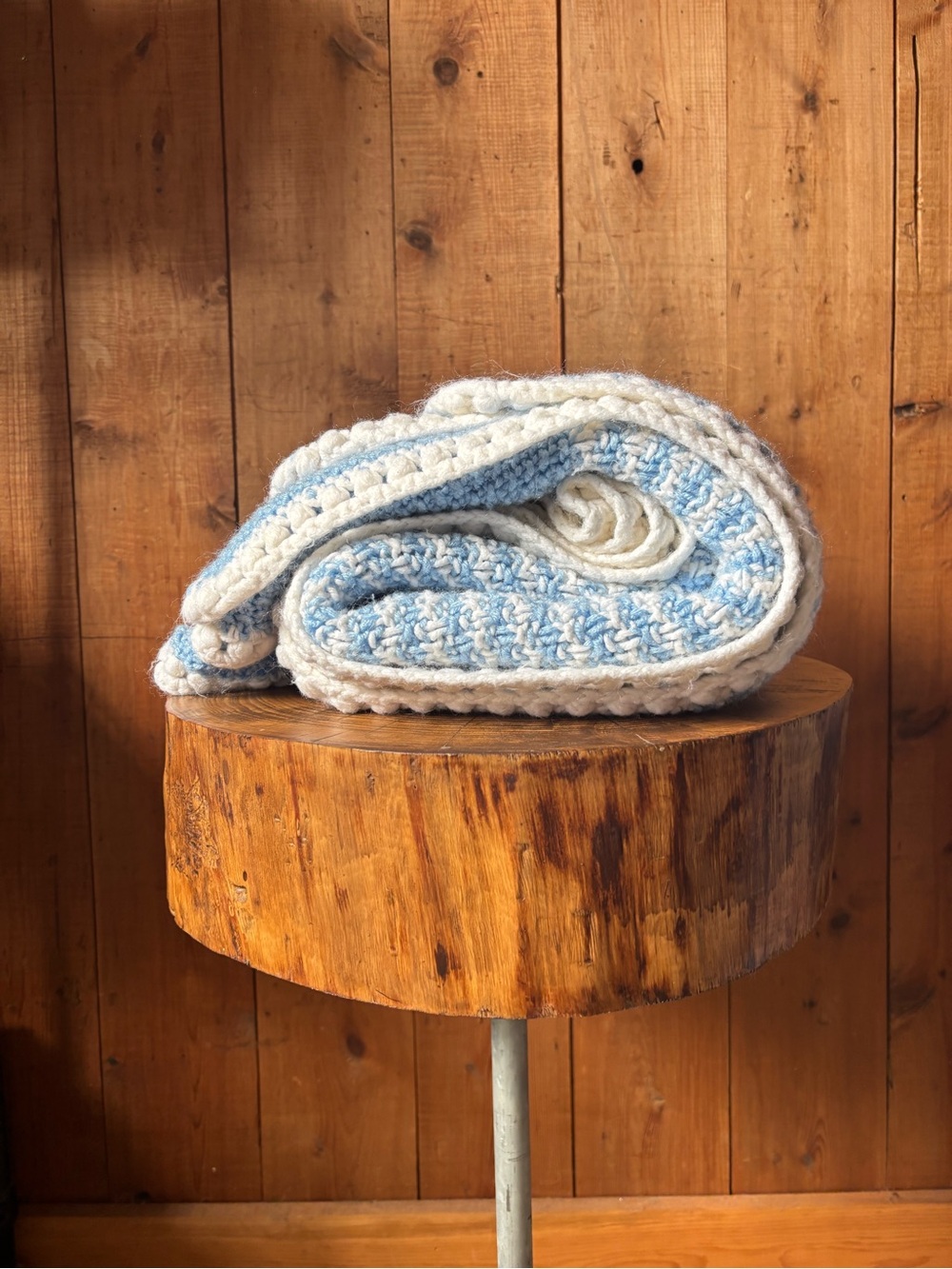 Handmade White & Light Blue Crochet Throw - Lap Blanket